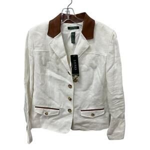 Lauren Ralph Lauren Linen Blazer Sz 12 White Linen Leather Trim Collar NWT